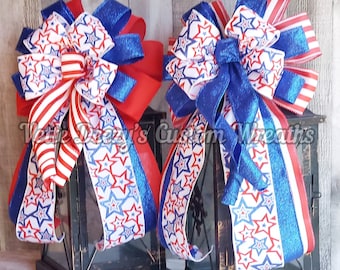 Patriotic Decorative Bow, Red White Blue Lantern Bow,  4th of July Decor,  Memorial Day