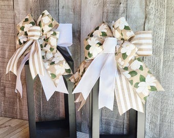 Handmade Magnolia Bow, Beige White Floral Ribbon, Farmhouse Spring Decor, Lantern & Wreath Home Decor