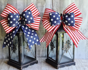 Americana Patriotic Bow for Lanterns & Wreaths, Stars Stripes Ribbon Decor, Red White Blue Bows