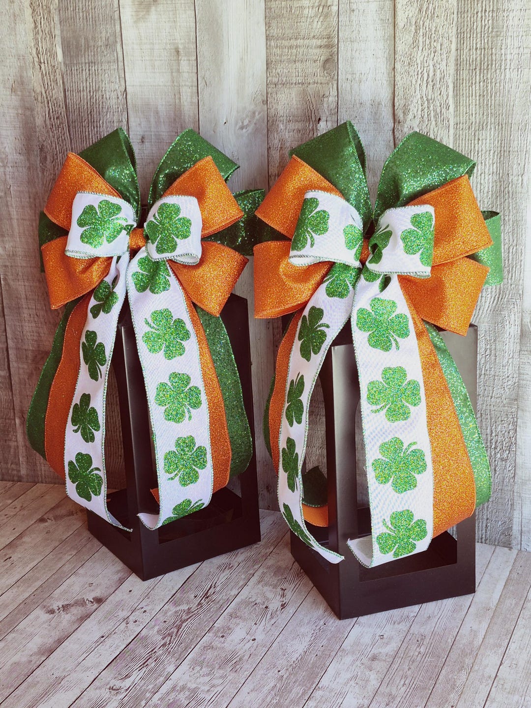 Shamrock Ribbon Bow Set - Glitter Green & Orange, St. Patrick's Day ...