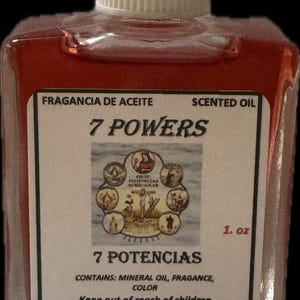 May include: A small, clear glass bottle filled with red liquid, labeled "7 POWERS Scented Oil." The label includes text in both English and Spanish, along with an illustration. The bottle has a white cap and contains 1 fl oz.