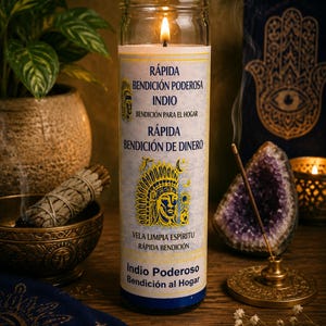 May include: A lit glass jar candle with a label featuring text in Spanish and a Native American chief illustration. The candle is surrounded by other spiritual items, including a smudge stick, incense, and an amethyst geode.