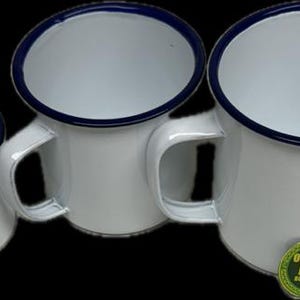 May include: Three white enamel mugs with blue rims. The mugs are of different sizes and have a single handle.