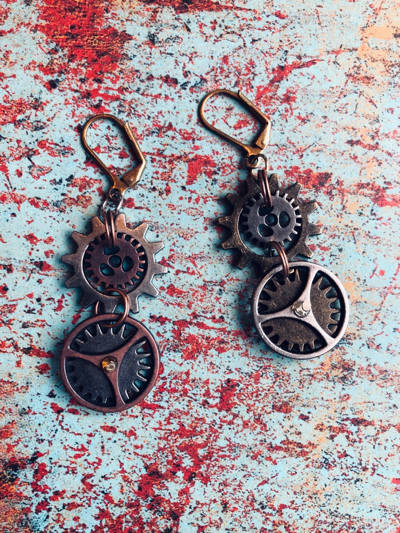 Steampunk earrings unique made of all metal gears