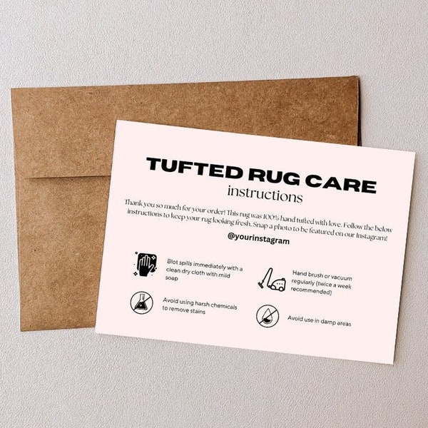 Editable Tufted Rug Care Instructions Template Small Rug Business Tufting Instructions Handmade Rugs Pink Design Printable Package Insert