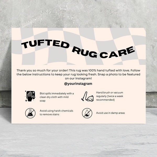 Editable Tufted Rug Care InstructionsTemplate Small Rug Business Tufting Instructions Handmade Rug Checkered Design Printable Package Insert