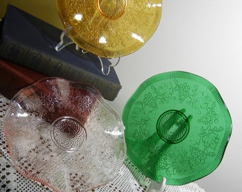 Vintage Italy Peedee Glass Dessert Plates with Grape Leaf Embossment and Scalloped Ruffled Edge