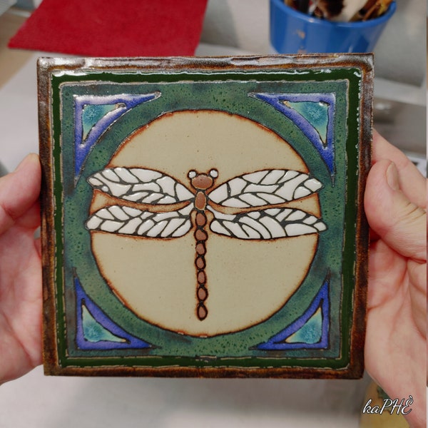 Dragonfly in the Moon 6" Tile, Arts and Crafts Revival