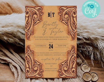 Rustic Wedding Invitation - Template - Western - Country - Bridal Shower - Tooled Leather