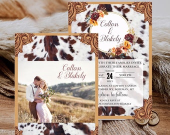 Rustic Wedding Invitation - Western Invitation - Tooled Leather - Cowhide - Cow Print - Southern - Photo Invitation - Country - Barn Theme