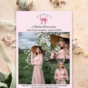 Graduation Invitation, Girl, Graduation Party, Pink Bow, Vintage Invitation, Clean Girl, Editable, Printable Invitation, Pink Graduation