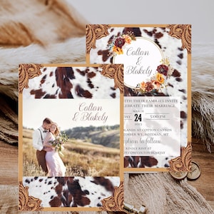 Rustic Wedding Invitation - Western Invitation - Tooled Leather - Cowhide - Cow Print - Southern - Photo Invitation - Country - Barn Theme