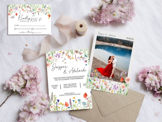 Wildflower Wedding Invitation - Photo Invitation - Floral - Colorful - Modern Wildflower - Birthday - Bridal Shower -Template - RSVP Card