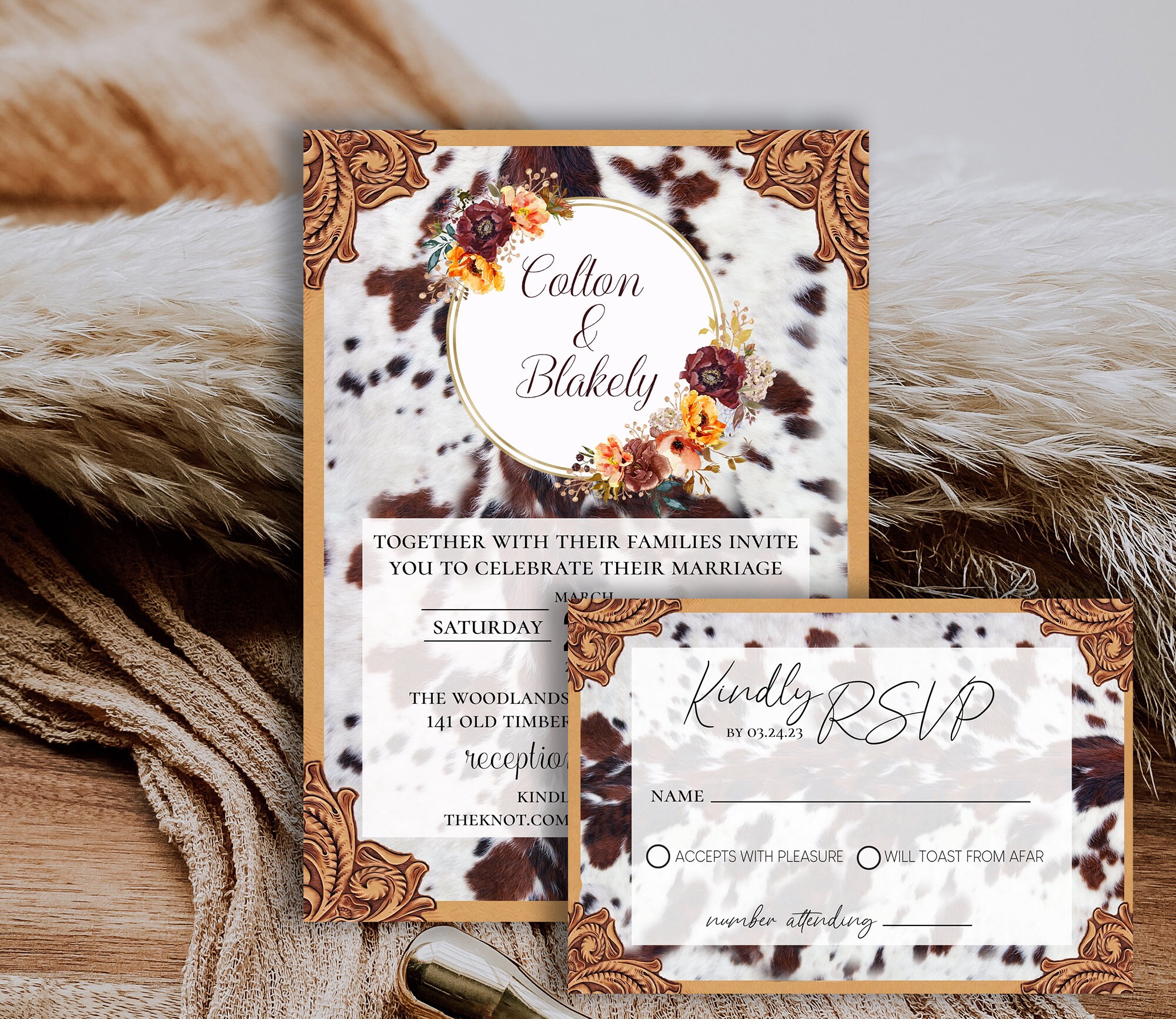 Rustic Wedding Invitation Western Invitation Tooled Leather Cowhide Cow