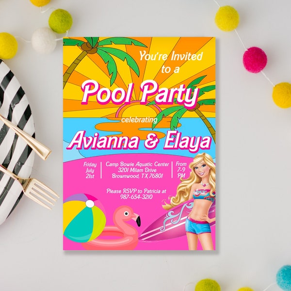 Malibu - Pool Party - Birthday Party - Summer - Digital Invitation - Customizable - Editable - Girls Birthday Party
