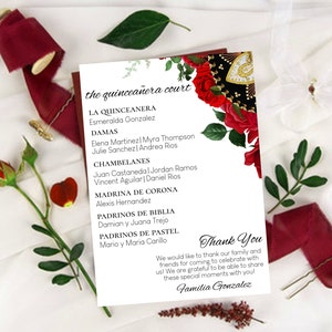 Peut inclure: Une carte d'annonce de cour de quinceañera avec un motif floral rouge. La carte énumère les noms de la quinceañera, des damas, des chambelanes, de la madrina de corona, des padrinos de biblia et des padrinos de pastel. La carte comprend également le texte "Merci" et "Familia Gonzalez".