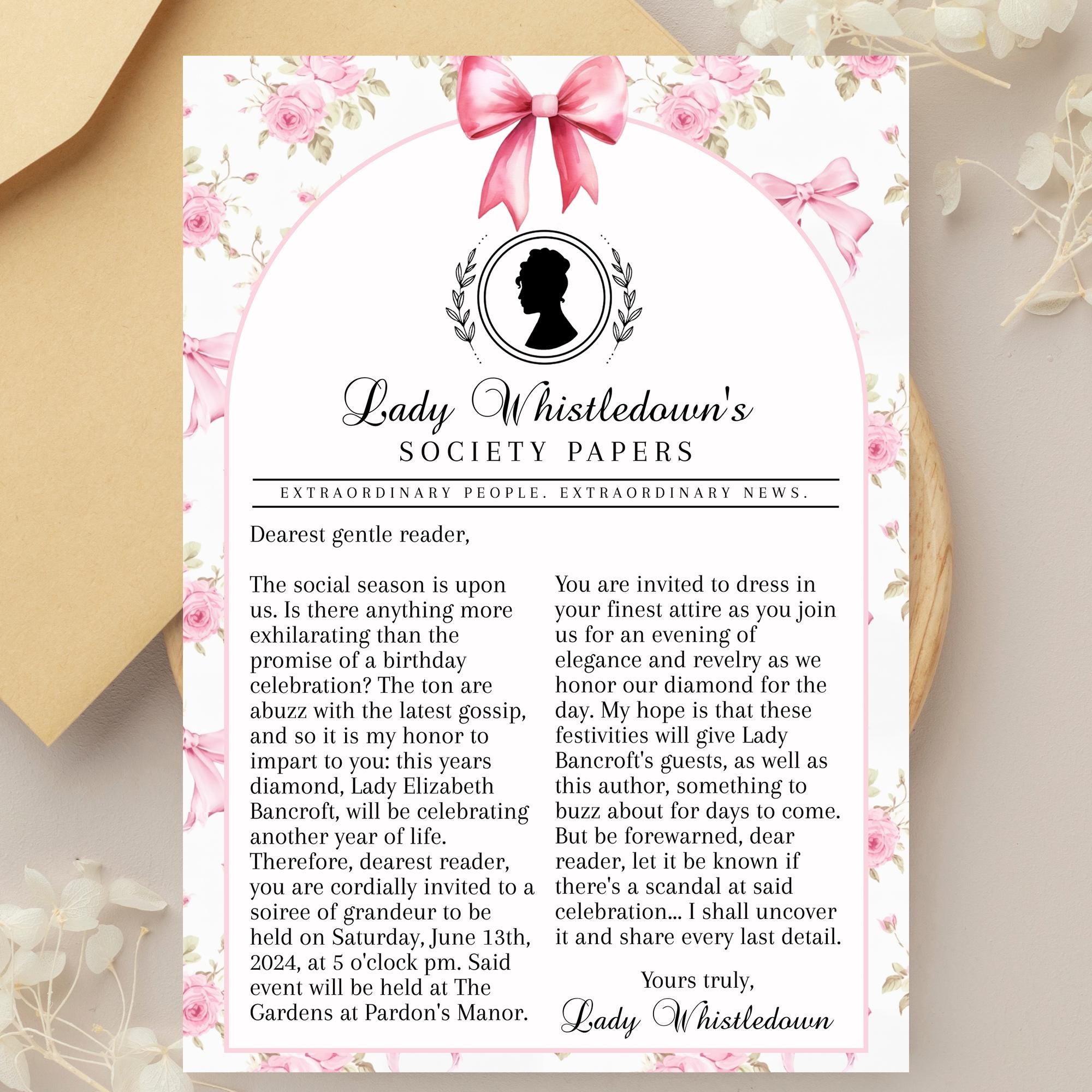 Bridgerton Party Invitation - Tea Party - Lady Whistledown - Society Papers - Victorian Party - Bridgerton Wedding - Bridgerton Watch Party