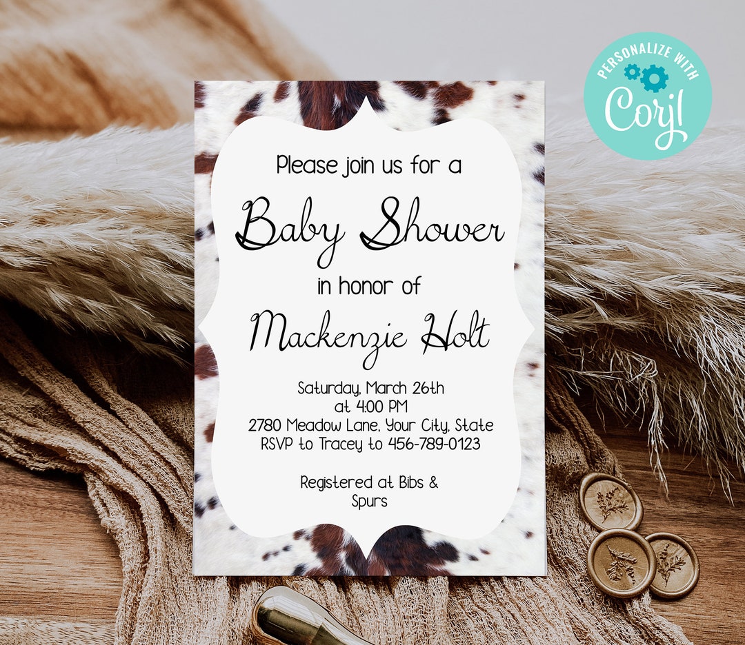 Western Baby Shower Invitation Template Cow Print Editable Baby Shower