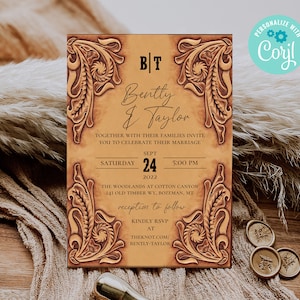 Rustic Wedding Invitation - Template - Western - Country - Brial Shower - Tooled Leather