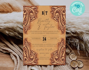 Rustic Wedding Invitation - Template - Western - Country - Brial Shower - Tooled Leather