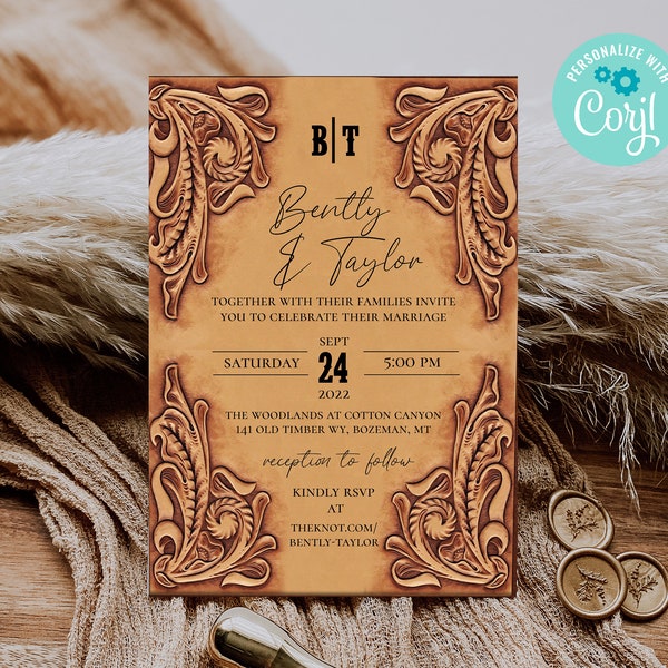 Rustic Wedding Invitation - Template - Western - Country - Brial Shower - Tooled Leather