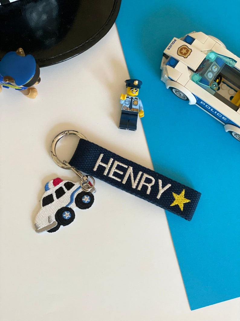 Police Car Personalized Name Tag, Car Custom Key chain, Bag Name Tag, Gift idea, Kids Name Tag, Personalized Gift, Back to school nametag image 1