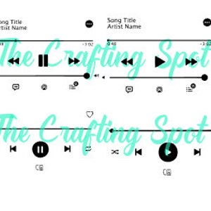 Könnte beinhalten: Schwarz-weiße Grafik einer Musikplayer-Oberfläche mit Wiedergabe-, Pausen- und Überspringen-Steuerelementen. Der Text "Song Title Artist Name" erscheint über den Bedienelementen. Der Text "The Crafting Spot" ist ebenfalls sichtbar.
