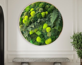 May include: A round, green moss wall art piece with a gold frame hangs on a white wall above a gray stone bench. The moss wall art is made up of different types of moss, including preserved ferns and other greenery.