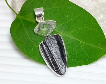 Raw Black Tourmaline Pendant, Black Tourmaline, Herkimer Diamond 925 Sterling Silver Pendant, Tourmaline Necklace, Sale