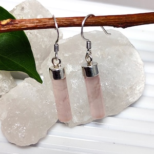 Rose Quartz Earrings, Pink Quartz Tube Earring, 925 Sterling Silver Earring, Natural Rose Quartz Earring, Dangle Earring, Sale