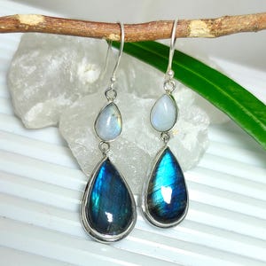 Blue Labradorite Earring, Rainbow Moonstone Earring, 925 Silver Earring, Labradorite Dangle Earring, Moonstone Earrings, Sale