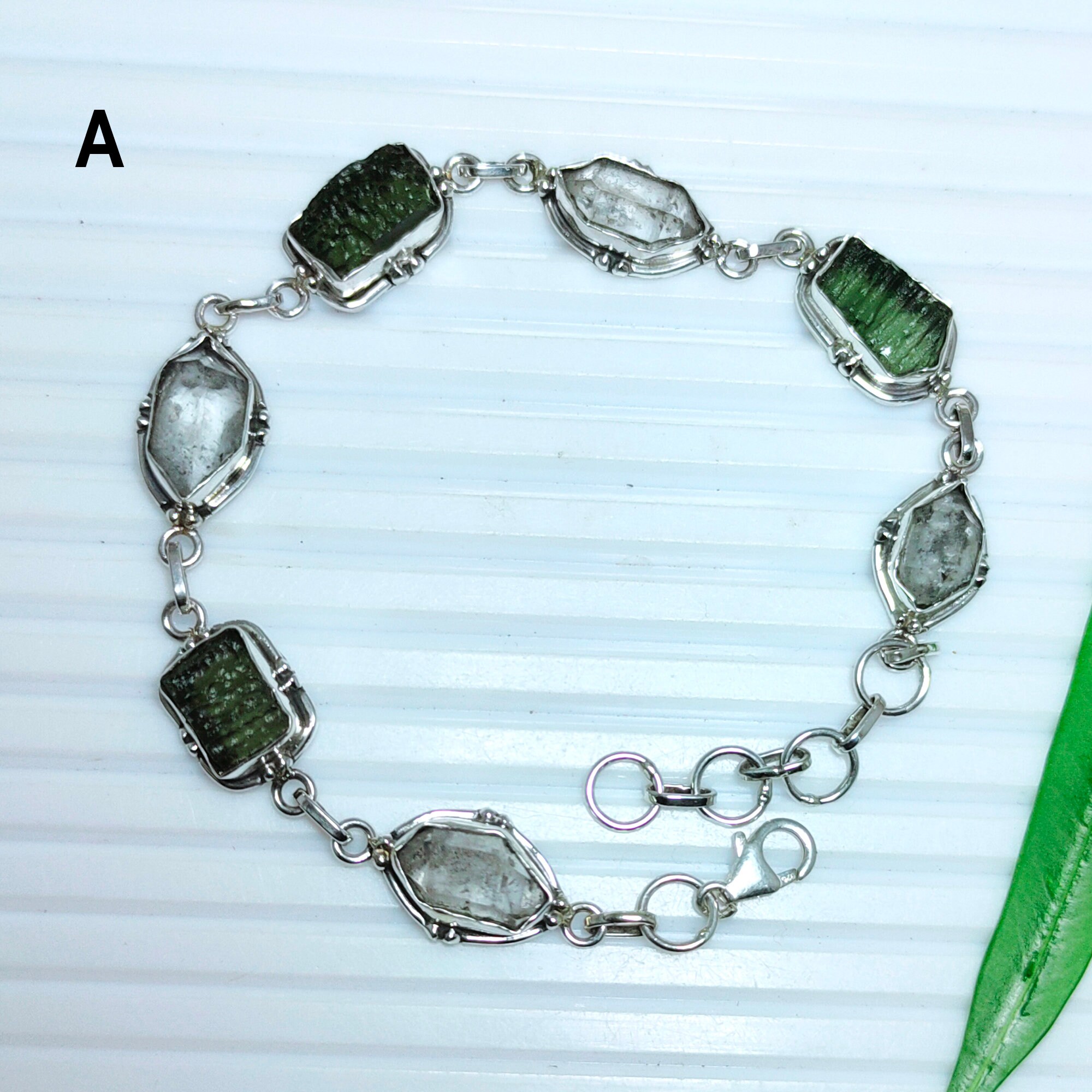 Moldavite Bracelet Herkimer Diamond Bracelet 925 Silver Bracelet