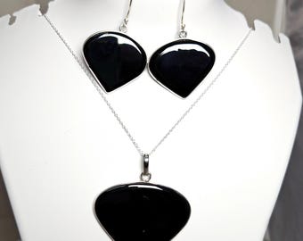 Black Onyx 925 Sterling Silver Pendant and Earring Set