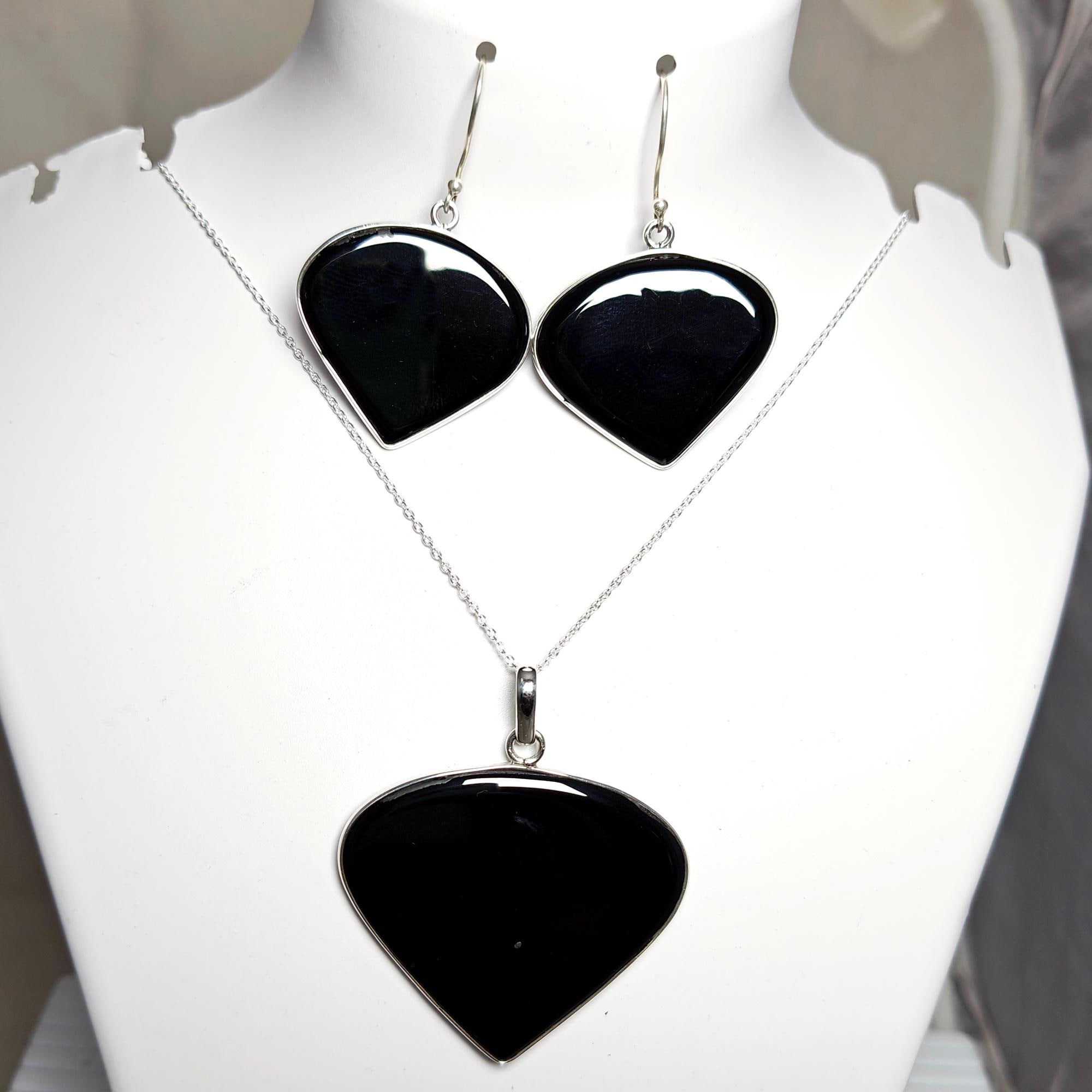 Ensemble Bijoux Onyx Noir à Bandes - Collier Pendentif & Boucles D'oreilles - Plaqué Argent - Fait Main, Inde