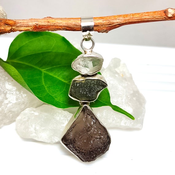 Colombianite Pendant, Authentic Moldavite, Herkimer Diamond 925 Silver Pendant, Certified Moldavite, Colombianite Necklace, Sale