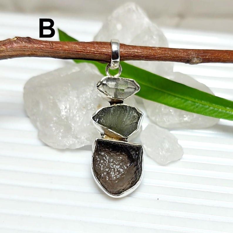 Colombianite Pendant, Authentic Moldavite, Herkimer Diamond 925 Silver Pendant, Certified Moldavite, Colombianite Necklace, Sale B