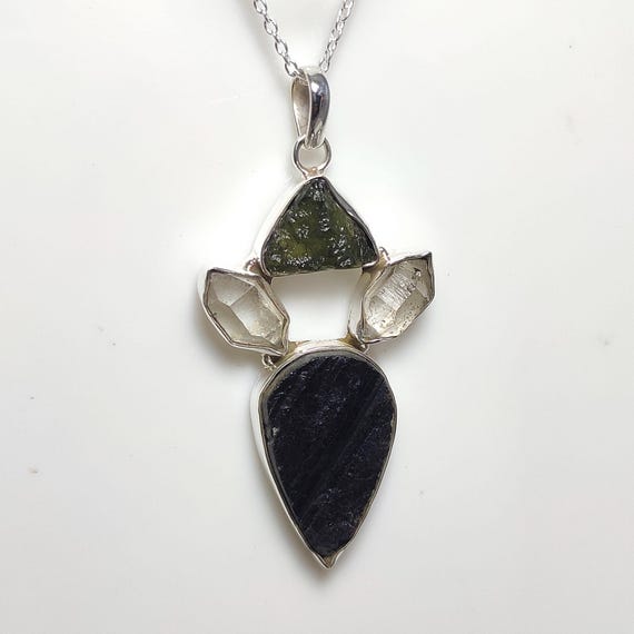 Moldavite Pendant Black Tourmaline Herkimer Diamond Necklace Tourmaline Pendant 925 Silver Pendant Moldavite Necklace Valentine Sale Etsy