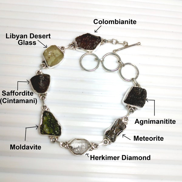 Moldavite Bracelet, Libyan Desert Glass, Meteorite, Colombianite, Saffordite Cintamani, Agni, Herkimer Diamond Bracelet, Sale