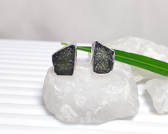 Moldavite Stud Earrings: Raw Czech Gemstone, 925 Sterling Silver