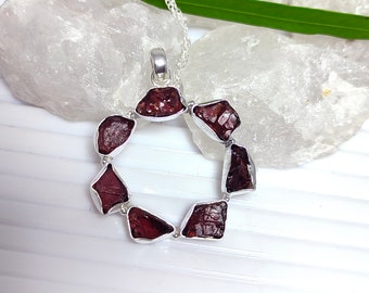 Raw Garnet Circle Pendant: 925 Sterling Silver January Birthstone Necklace