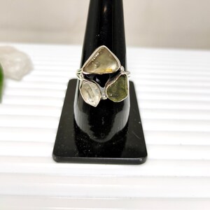 Anello in argento sterling con pietre preziose, moldavite, vetro del deserto libico, diamante Herkimer