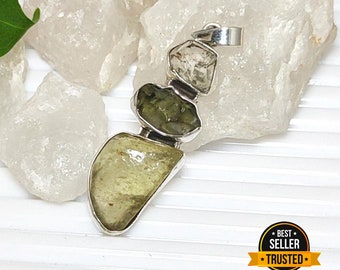 Moldavite Herkimer Diamond Libyan Desert Glass Pendant: Sterling Silver Tektite Jewelry