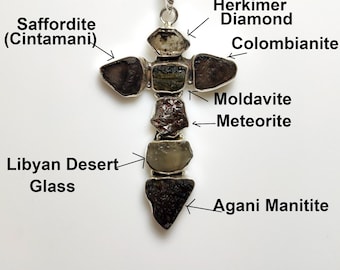 Moldavite & Libyan Glass Sterling Silver Pendant: Herkimer Diamond, Meteorite