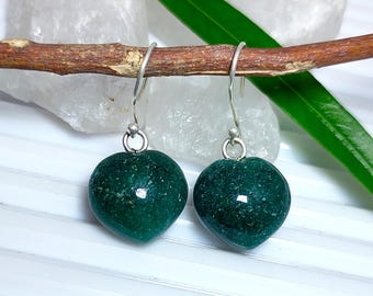 Green Aventurine Heart Earrings: 925 Sterling Silver Dangle