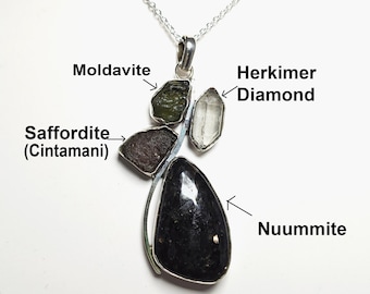 Sterling Silver Nuummite Pendant with Moldavite, Saffordite & Herkimer Diamond
