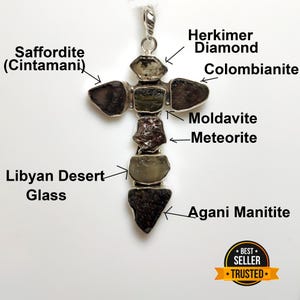 Moldavite & Libyan Glass Sterling Silver Pendant: Herkimer Diamond, Meteorite