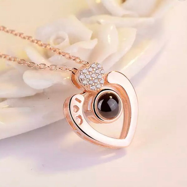 I Love You Necklace Inscribed in 120 Languages with 24k Gold on Onyx and Crystal Heart Earrings Jewelry Set main image 0