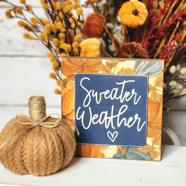 Fall Tiered Tray Wood  Sign, Sweater Weather Mini Sign, Shelf Sitter, Pumpkins, Seasonal Decor, Gift, Small Sign, Farmhouse, Navy, Orange