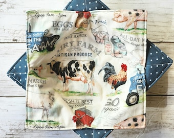 Bowl Cozies Farmhouse Reversible Set of 2, Farm Animal, Microwave Safe, Country, Hot Cold Bowl Holder, Soup Bowl Cozy, Gift, Dairy, Pig, Cow