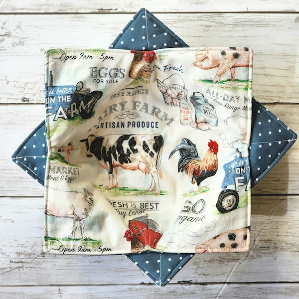 Bowl Cozies Farmhouse Reversible Set of 2, Farm Animal, Microwave Safe, Country, Hot Cold Bowl Holder, Soup Bowl Cozy, Gift, Dairy, Pig, Cow